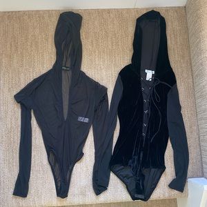 NWOT 2 black long sleeve hooded rave bodysuits